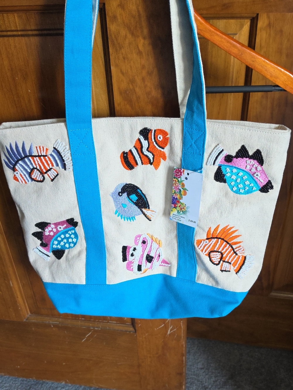 Canvas Embroidered Fish Tote Bag in Turquoise